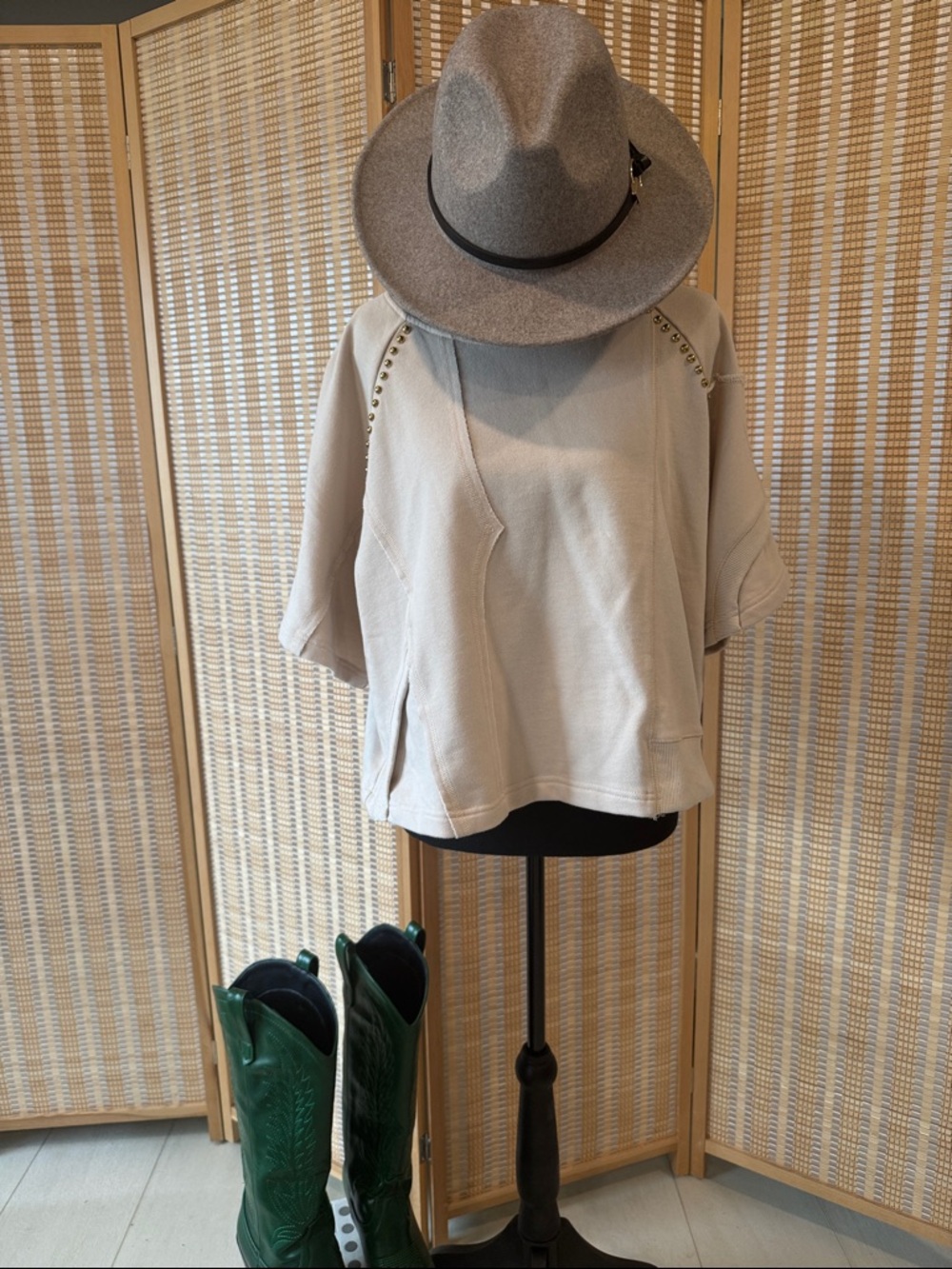 Three Bird Nest Beige Stud-Shoulder Boxy Sweatshirt NWOT
